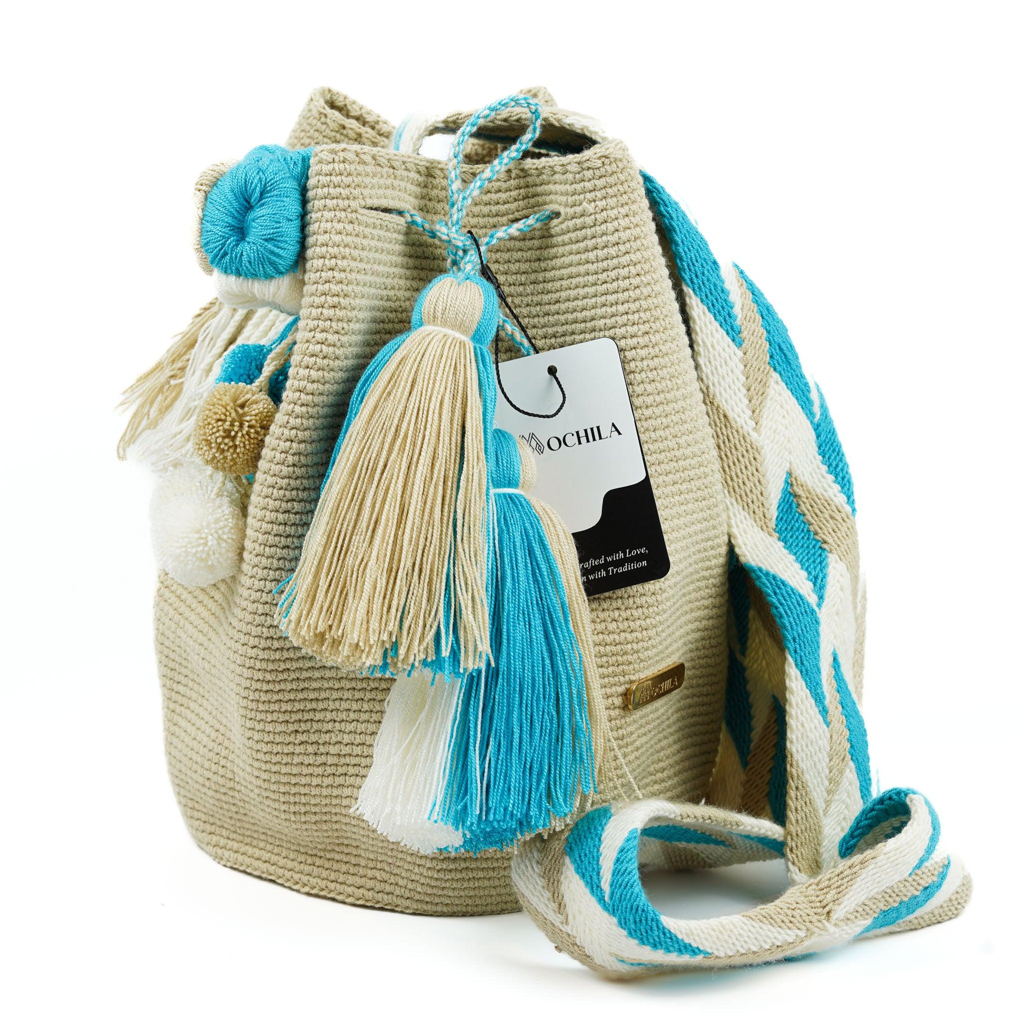 Large Crossbody Bag Beige and Blue - Mochila