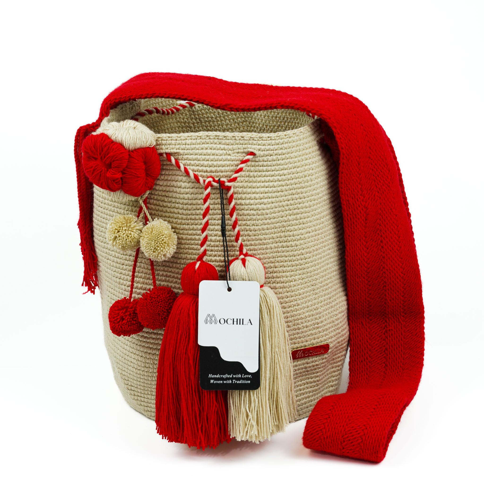 Large Crossbody Bag Beige and Red - Mochila
