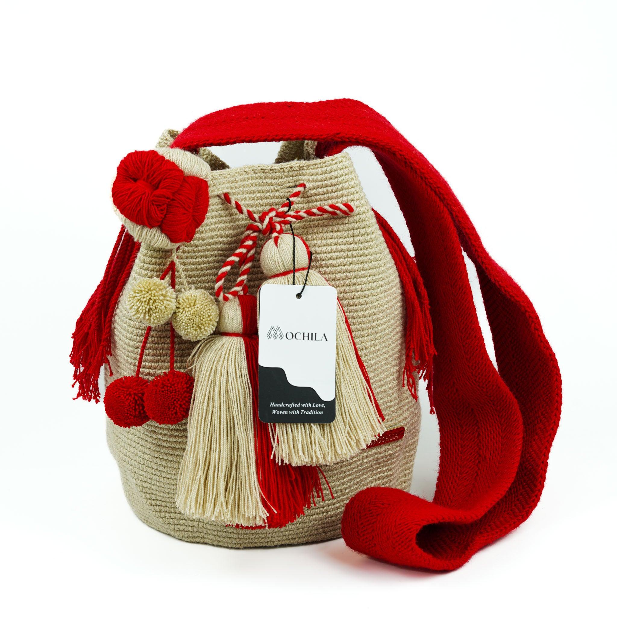 Large Crossbody Bag Beige and Red - Mochila