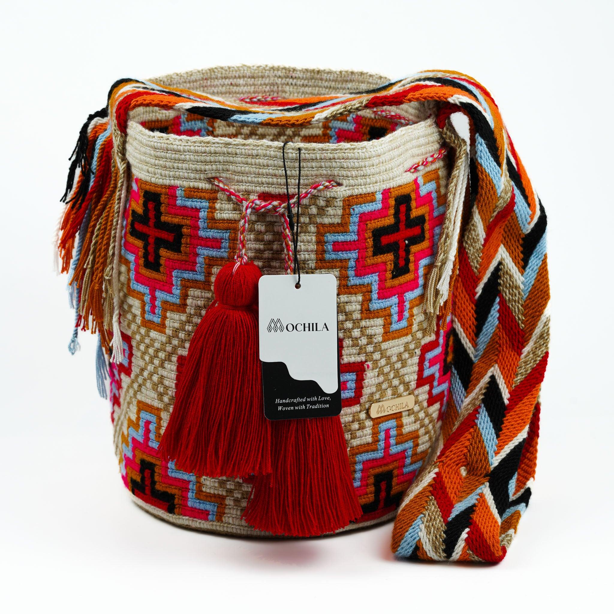 Large Crossbody Bag Beige & Red - Mochila