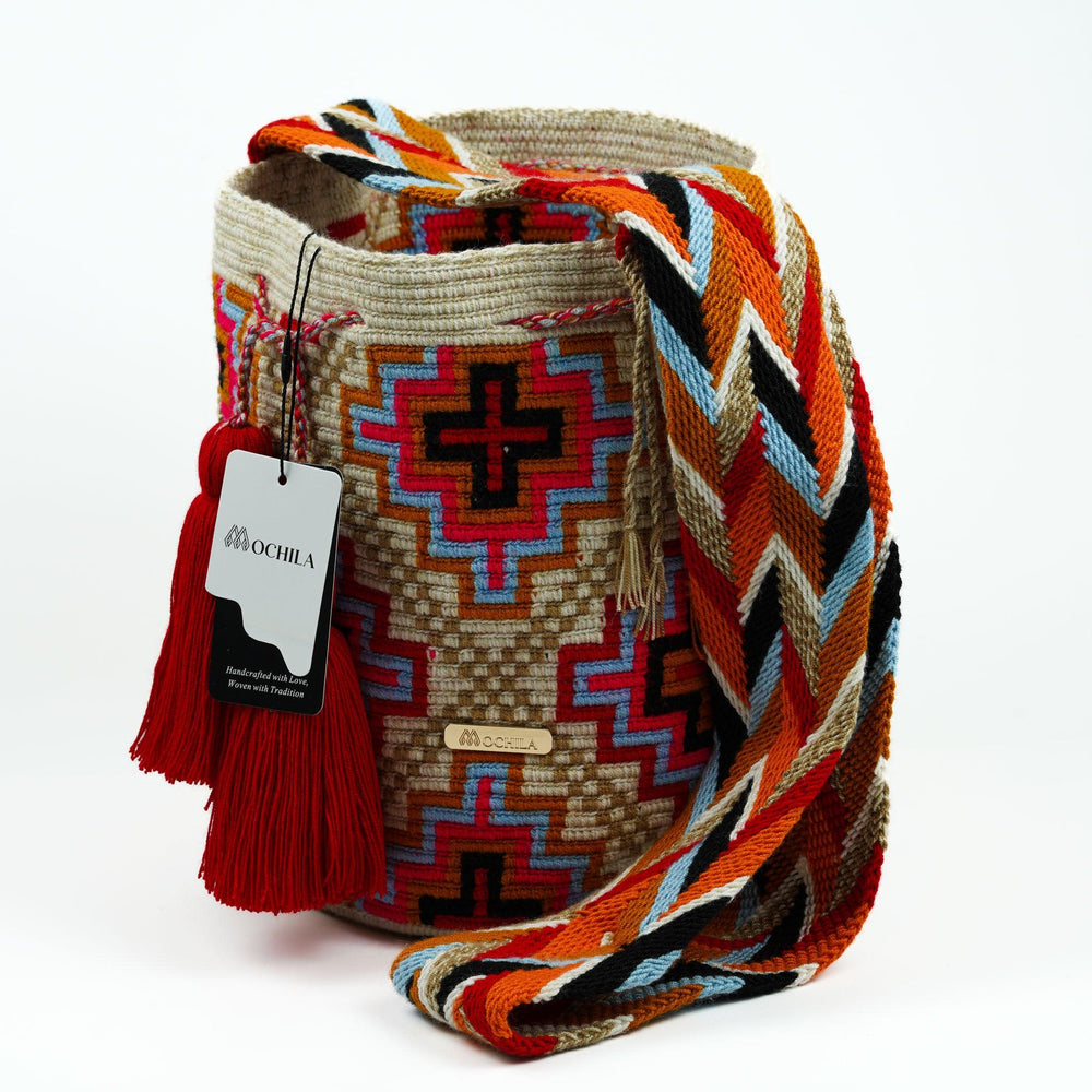 Large Crossbody Bag Beige & Red - Mochila