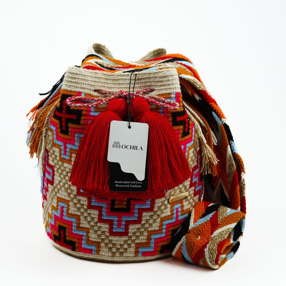 Large Crossbody Bag Beige & Red - Mochila