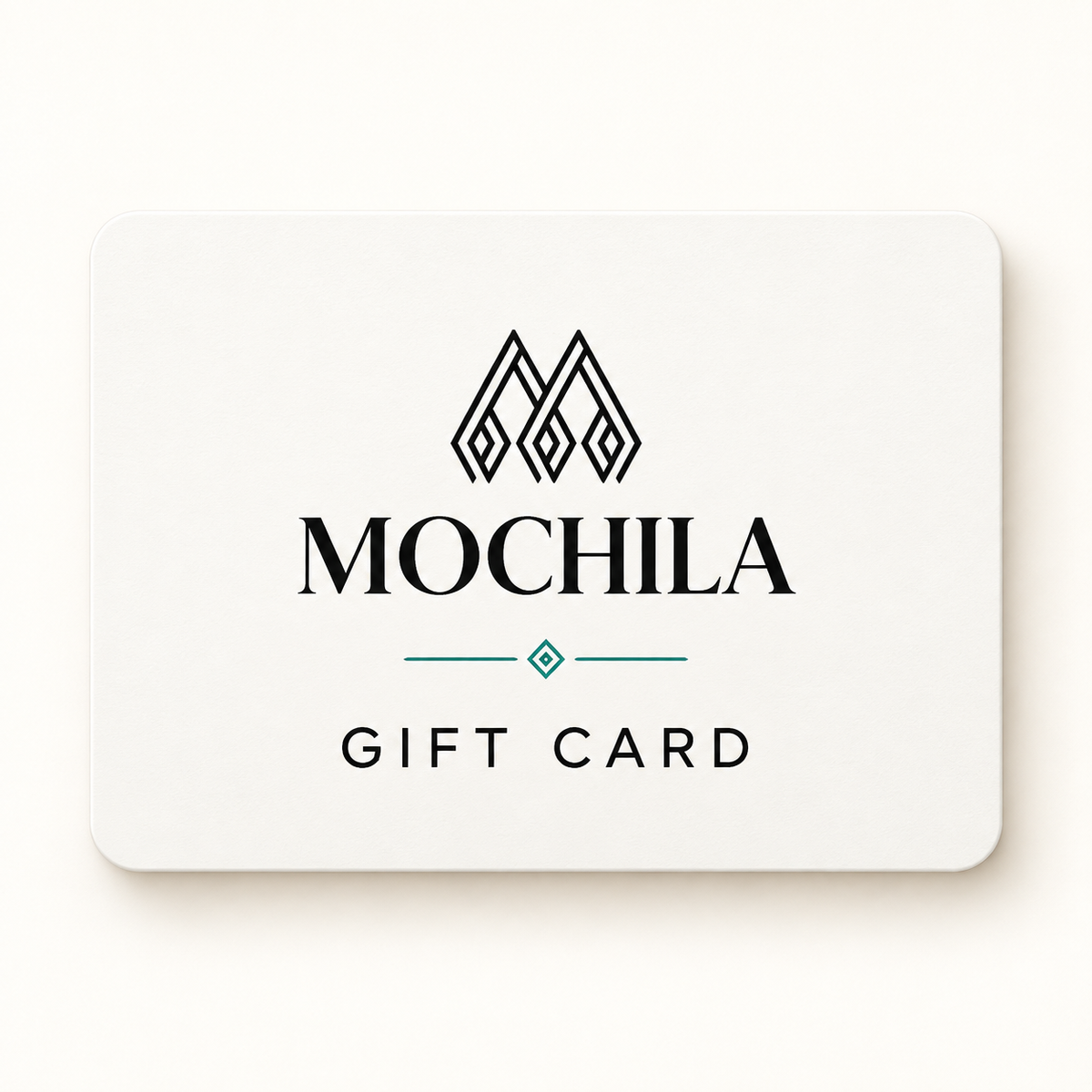 Mochila digital gift card graphic in cream, with black MOCHILA and GIFT CARD lettering and a teal accent.