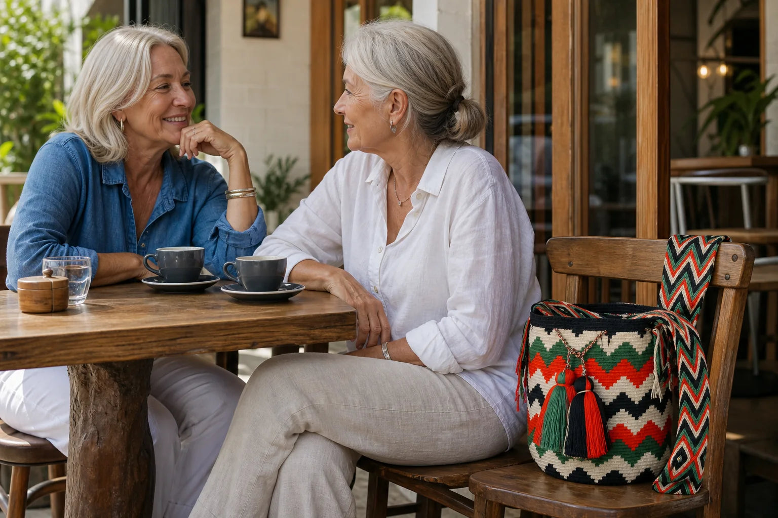 Two friends enjoying coffee with the red, green, black and cream Large Crossbody Bag Inari beside them