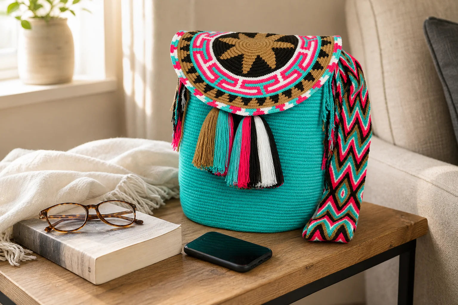 The turquoise Large Crossbody Bag Aru beside reading glasses, a book and a phone