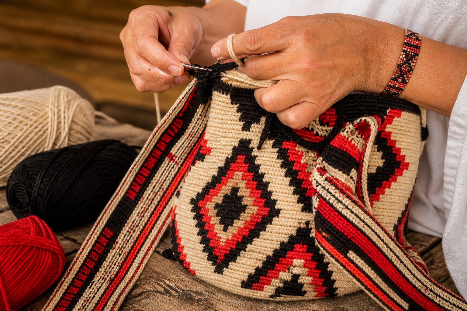 Stitch by stitch — every remaining bag in the close-out is still finished as one individual piece, in its own colourway.